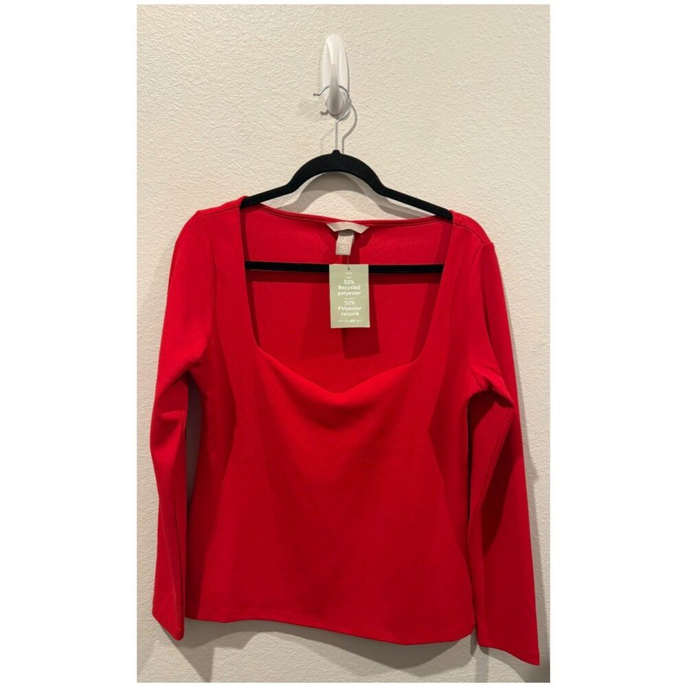H&M Red Fitted Jersey Long Sleeve Blouse